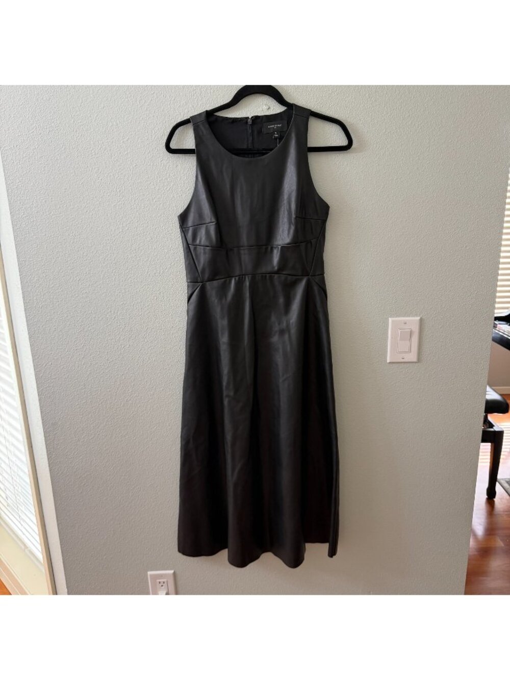 NWT Banana Republic Factory Black Faux Leather Midi Fit Flare Dress 2 Sleeveless